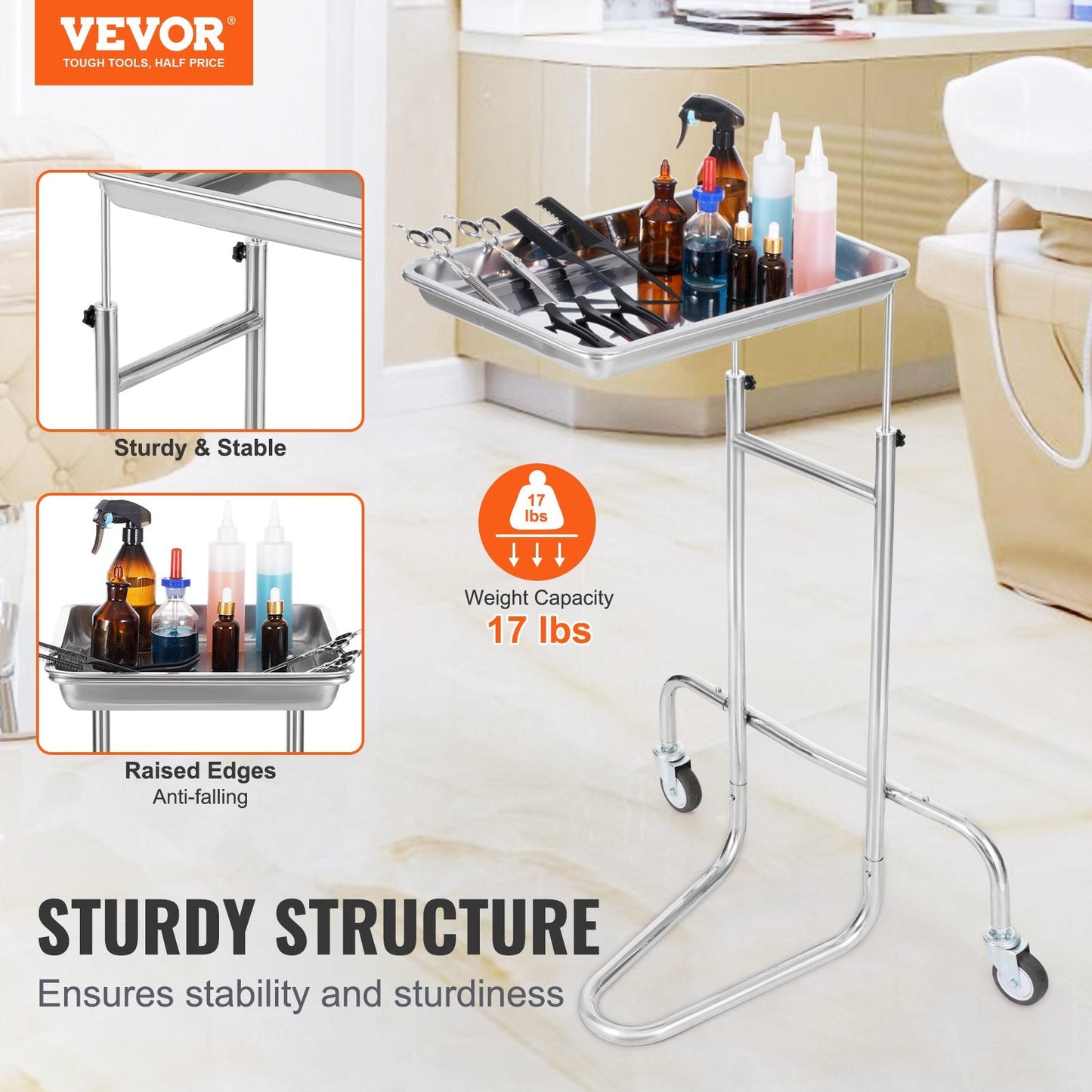 Stainless Steel Lab Cart with Adjustable Tray & Silent Wheels, 2.2 kg, 8 kg Capacity