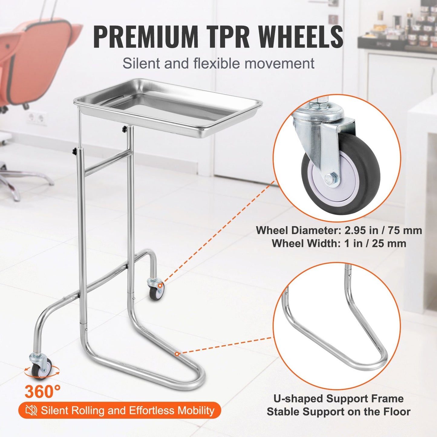 Stainless Steel Lab Cart with Adjustable Tray & Silent Wheels, 2.2 kg, 8 kg Capacity