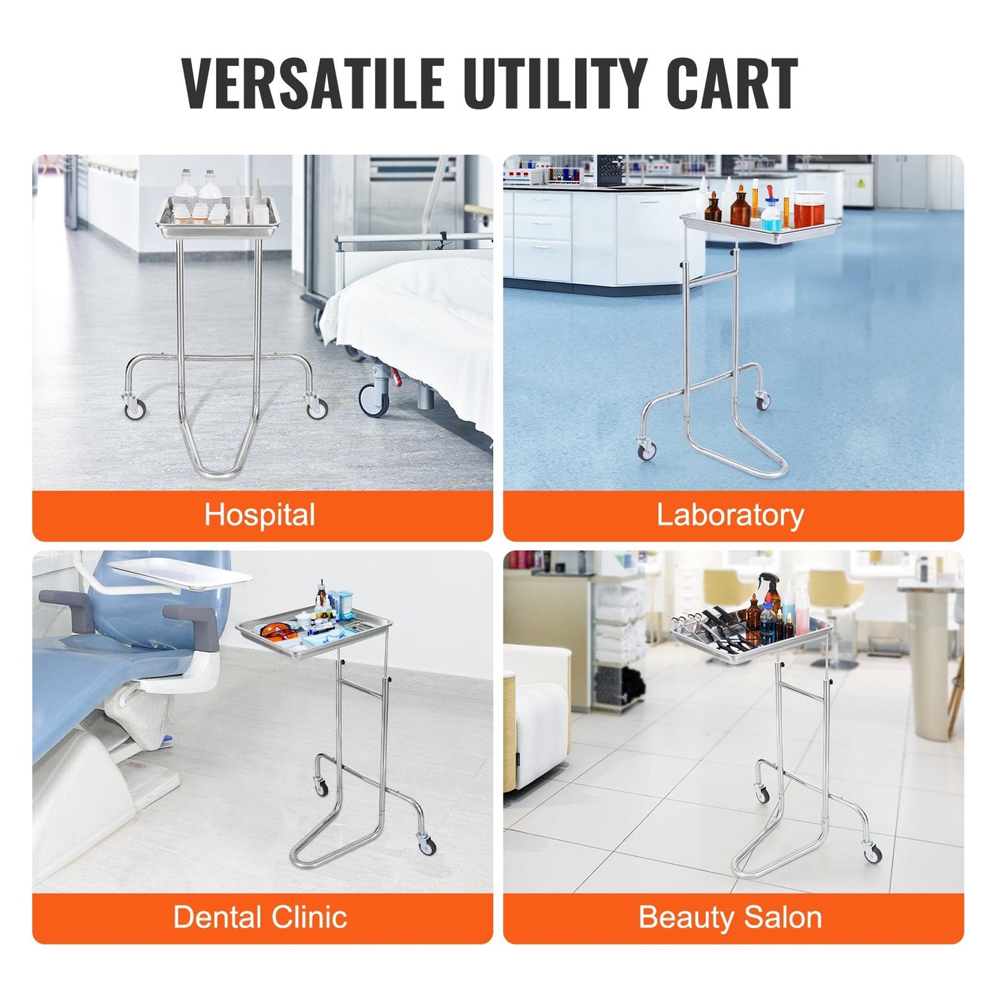 Stainless Steel Lab Cart with Adjustable Tray & Silent Wheels, 2.2 kg, 8 kg Capacity