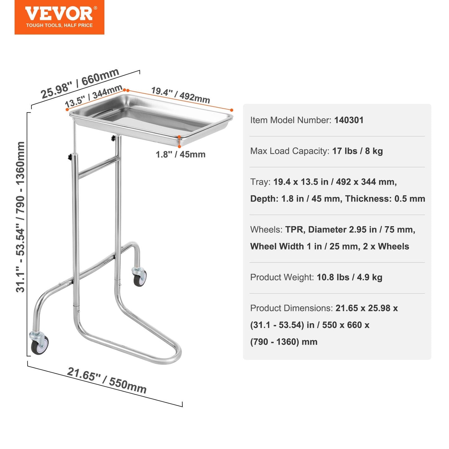 Stainless Steel Lab Cart with Adjustable Tray & Silent Wheels, 2.2 kg, 8 kg Capacity