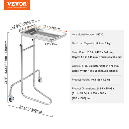 Stainless Steel Lab Cart with Adjustable Tray & Silent Wheels, 2.2 kg, 8 kg Capacity