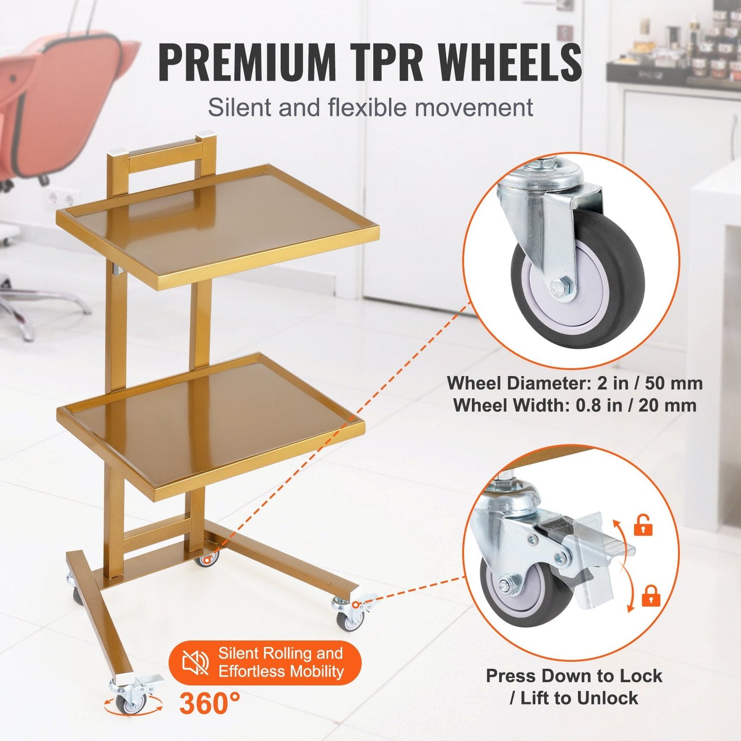 Golden 2-Tier Stainless Steel Lab Cart with Trays & Silent Wheels, 25 kg Capacity