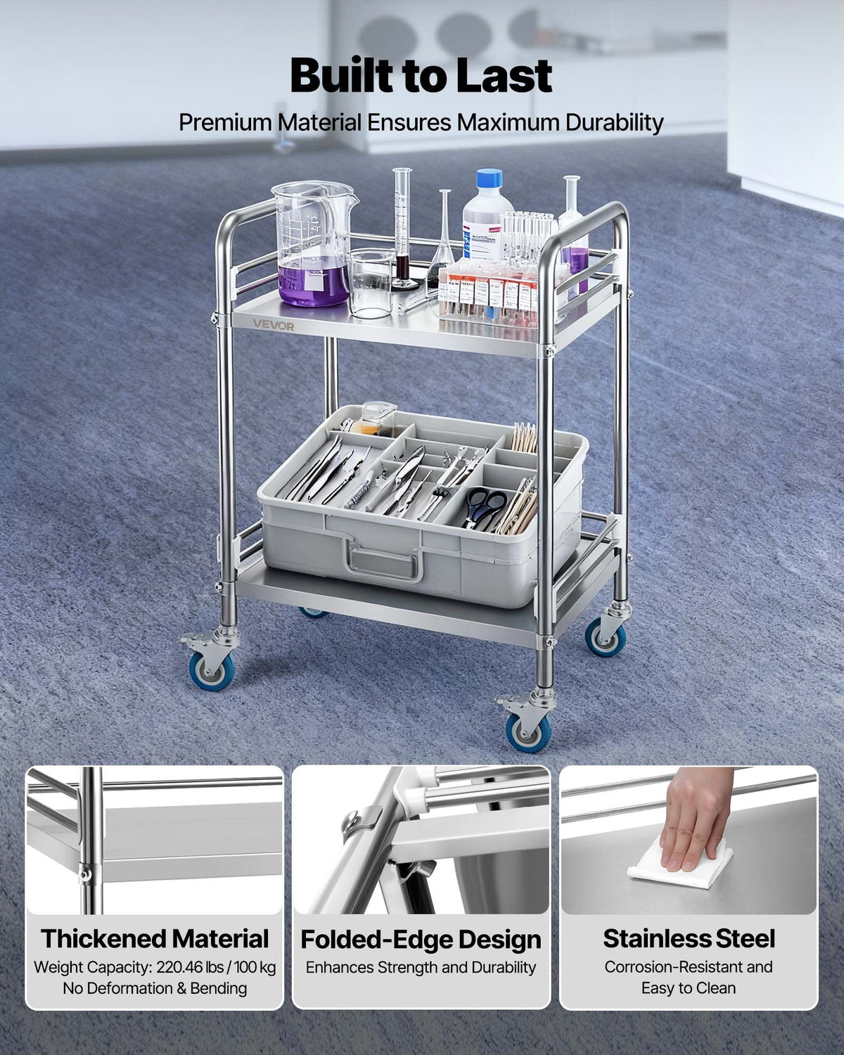 Stainless Steel Cart, 2-Tier Rolling Lab Utility Cart with Lockable Wheels, Medical Serving Trolley Clinic Tray, Heavy Duty Mobile Service Storage Tray for Hospital, Restaurant, Kitchen, Salon