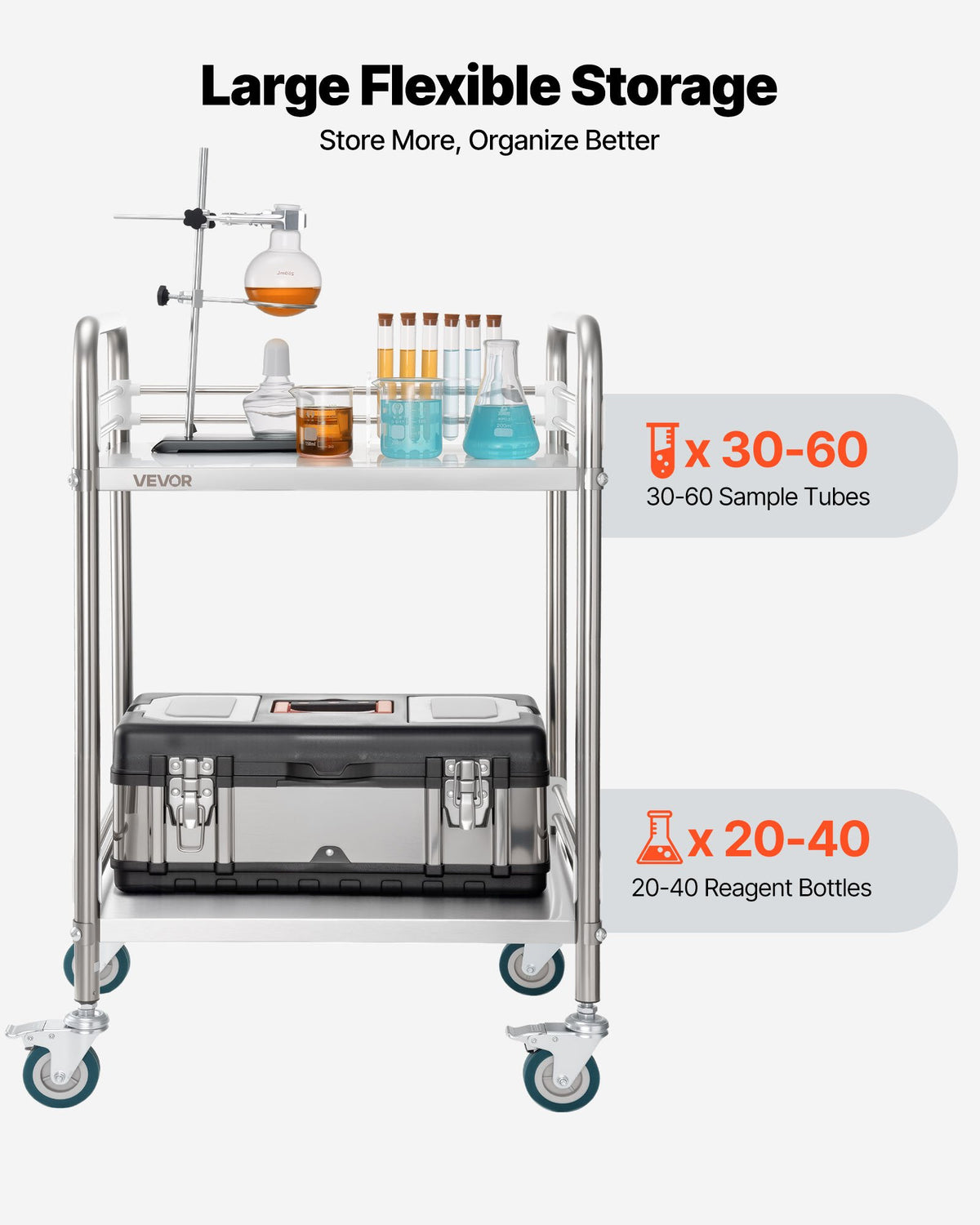 Stainless Steel Cart, 2-Tier Rolling Lab Utility Cart with Lockable Wheels, Medical Serving Trolley Clinic Tray, Heavy Duty Mobile Service Storage Tray for Hospital, Restaurant, Kitchen, Salon