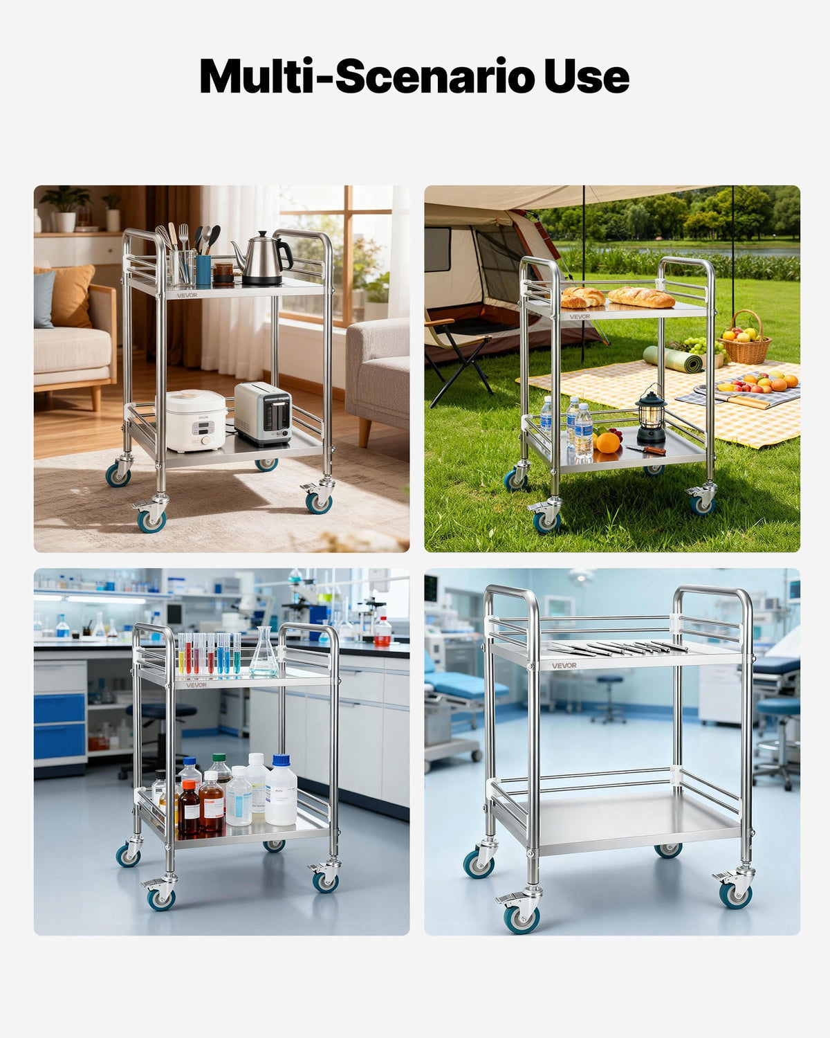 Stainless Steel Cart, 2-Tier Rolling Lab Utility Cart with Lockable Wheels, Medical Serving Trolley Clinic Tray, Heavy Duty Mobile Service Storage Tray for Hospital, Restaurant, Kitchen, Salon
