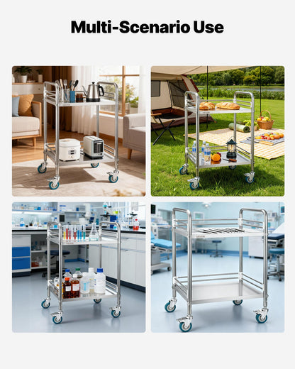 Stainless Steel Cart, 2-Tier Rolling Lab Utility Cart with Lockable Wheels, Medical Serving Trolley Clinic Tray, Heavy Duty Mobile Service Storage Tray for Hospital, Restaurant, Kitchen, Salon