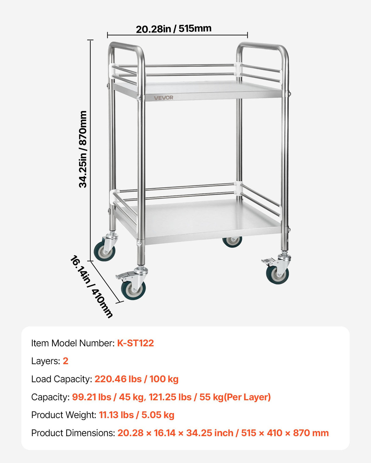 Stainless Steel Cart, 2-Tier Rolling Lab Utility Cart with Lockable Wheels, Medical Serving Trolley Clinic Tray, Heavy Duty Mobile Service Storage Tray for Hospital, Restaurant, Kitchen, Salon