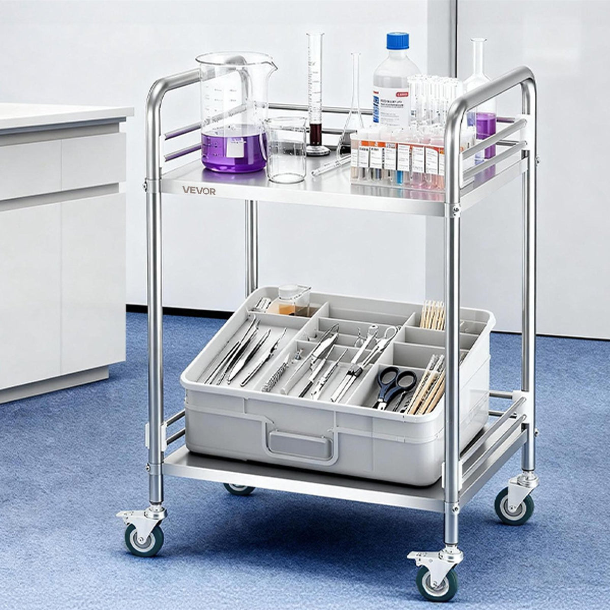 Stainless Steel Cart, 2-Tier Rolling Lab Utility Cart with Lockable Wheels, Medical Serving Trolley Clinic Tray, Heavy Duty Mobile Service Storage Tray for Hospital, Restaurant, Kitchen, Salon