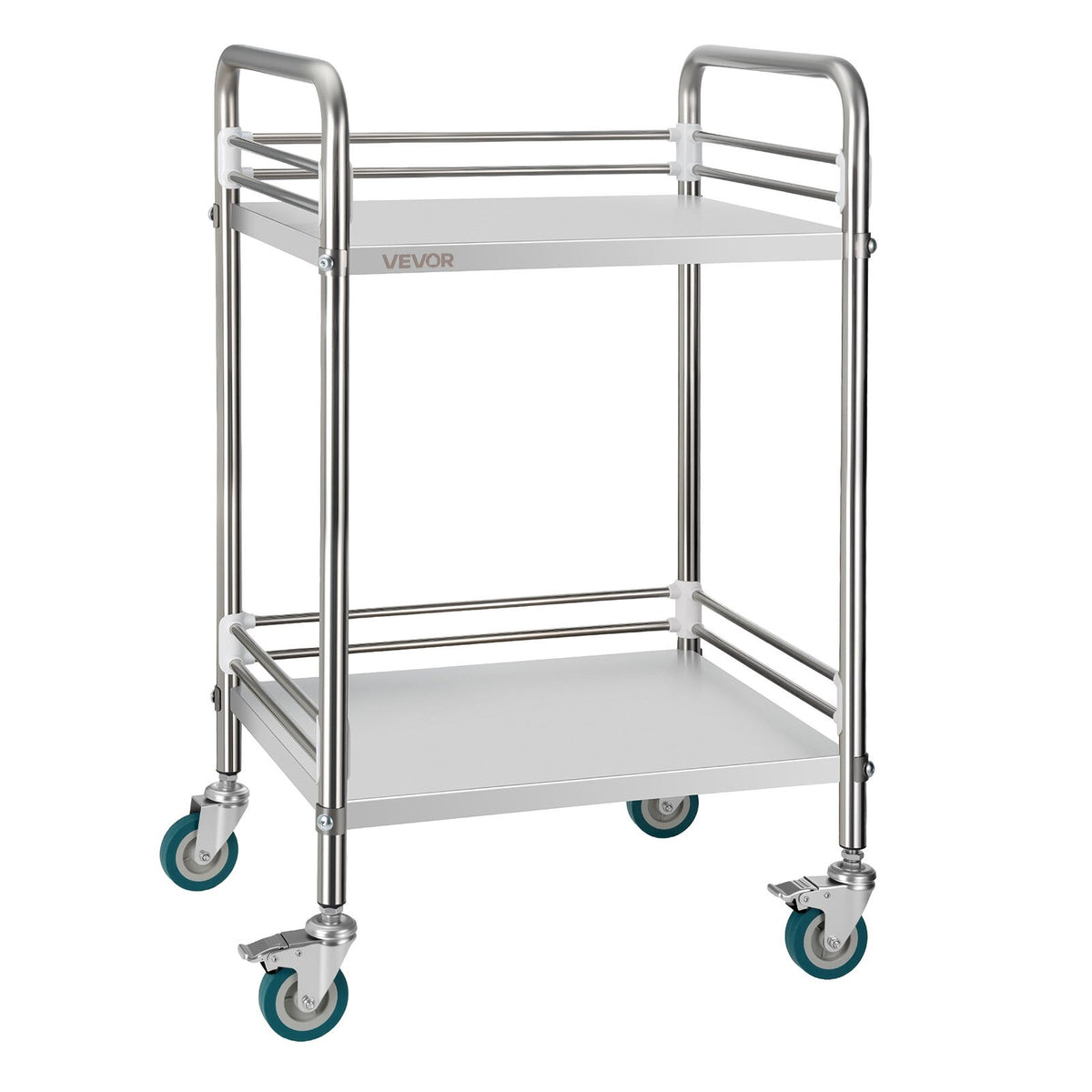 Stainless Steel Cart, 2-Tier Rolling Lab Utility Cart with Lockable Wheels, Medical Serving Trolley Clinic Tray, Heavy Duty Mobile Service Storage Tray for Hospital, Restaurant, Kitchen, Salon