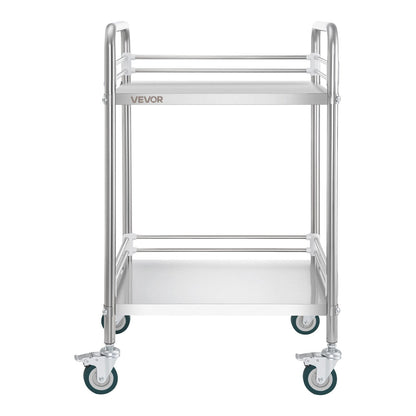 Stainless Steel Cart, 2-Tier Rolling Lab Utility Cart with Lockable Wheels, Medical Serving Trolley Clinic Tray, Heavy Duty Mobile Service Storage Tray for Hospital, Restaurant, Kitchen, Salon