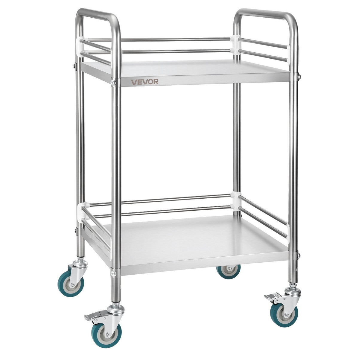 Stainless Steel Cart, 2-Tier Rolling Lab Utility Cart with Lockable Wheels, Medical Serving Trolley Clinic Tray, Heavy Duty Mobile Service Storage Tray for Hospital, Restaurant, Kitchen, Salon