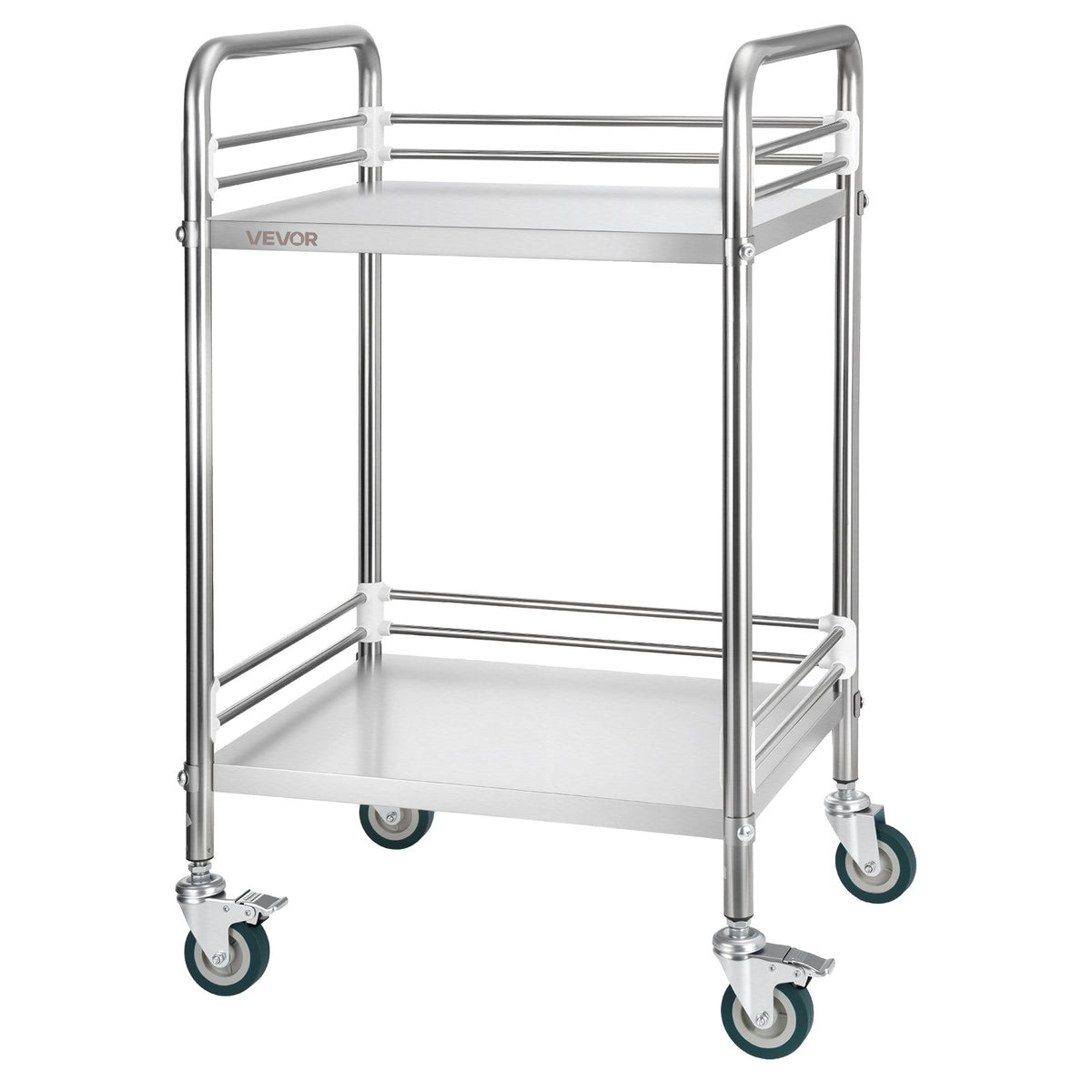 Stainless Steel Cart, 2-Tier Rolling Lab Utility Cart with Lockable Wheels, Medical Serving Trolley Clinic Tray, Heavy Duty Mobile Service Storage Tray for Hospital, Restaurant, Kitchen, Salon