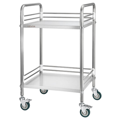 Stainless Steel Cart, 2-Tier Rolling Lab Utility Cart with Lockable Wheels, Medical Serving Trolley Clinic Tray, Heavy Duty Mobile Service Storage Tray for Hospital, Restaurant, Kitchen, Salon
