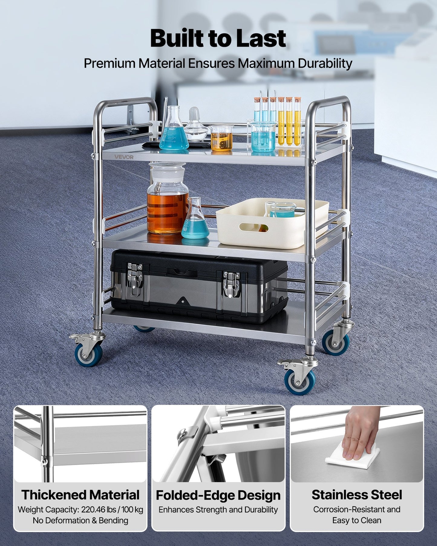 Stainless Steel Cart, 3-Tier Rolling Lab Utility Cart with Lockable Wheels, Medical Serving Trolley Clinic Tray, Heavy Duty Mobile Service Storage Tray for Hospital, Restaurant, Kitchen, Salon