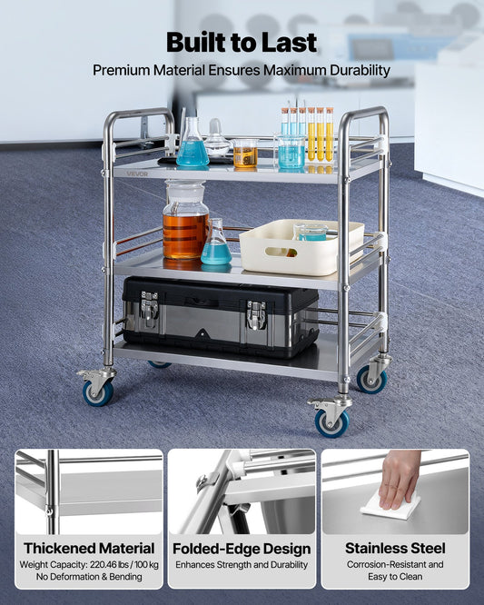 Stainless Steel Cart, 3-Tier Rolling Lab Utility Cart with Lockable Wheels, Medical Serving Trolley Clinic Tray, Heavy Duty Mobile Service Storage Tray for Hospital, Restaurant, Kitchen, Salon