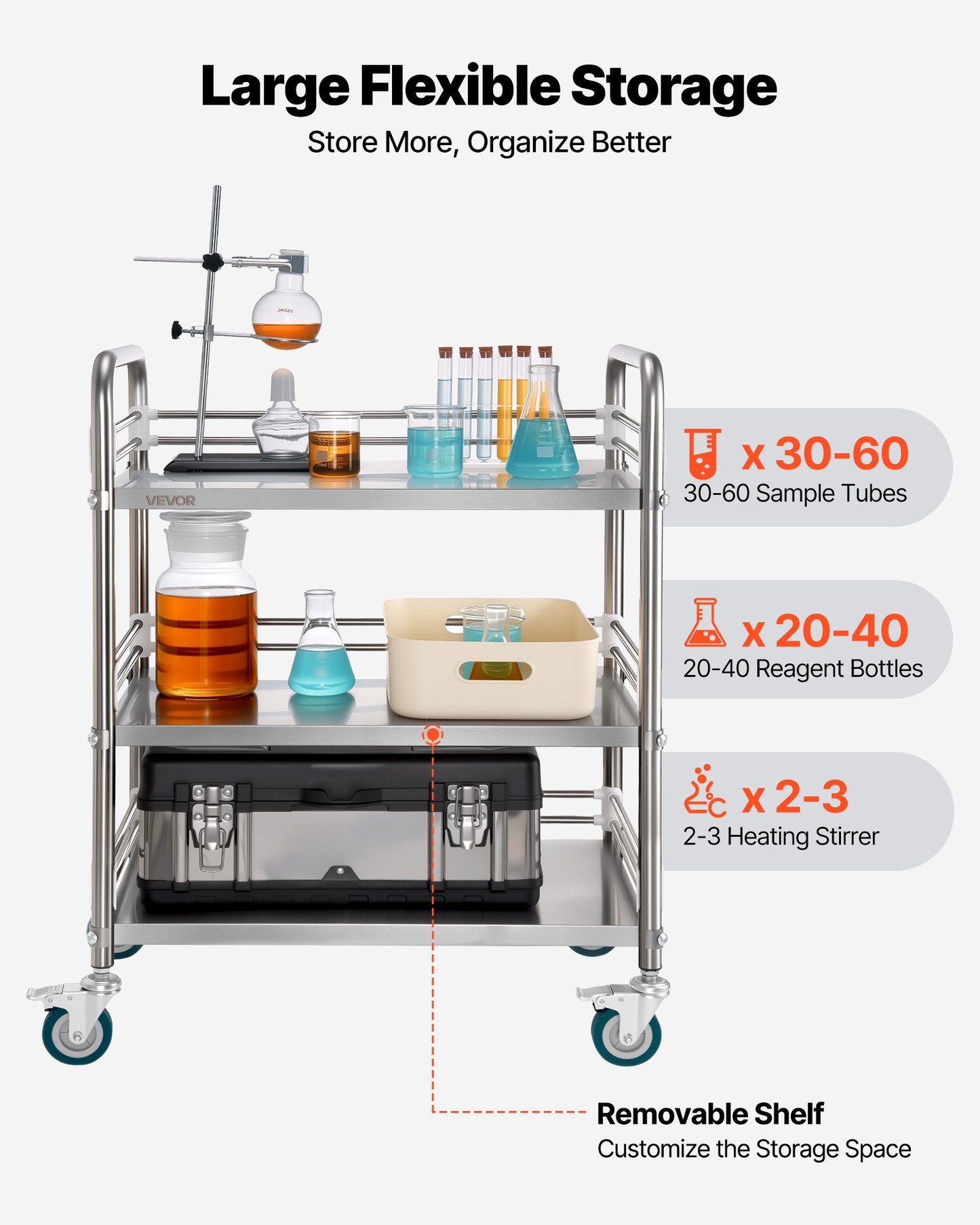 Stainless Steel Cart, 3-Tier Rolling Lab Utility Cart with Lockable Wheels, Medical Serving Trolley Clinic Tray, Heavy Duty Mobile Service Storage Tray for Hospital, Restaurant, Kitchen, Salon