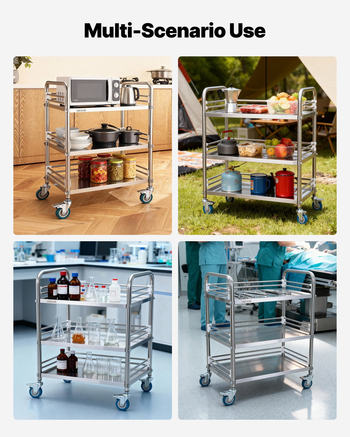 Stainless Steel Cart, 3-Tier Rolling Lab Utility Cart with Lockable Wheels, Medical Serving Trolley Clinic Tray, Heavy Duty Mobile Service Storage Tray for Hospital, Restaurant, Kitchen, Salon
