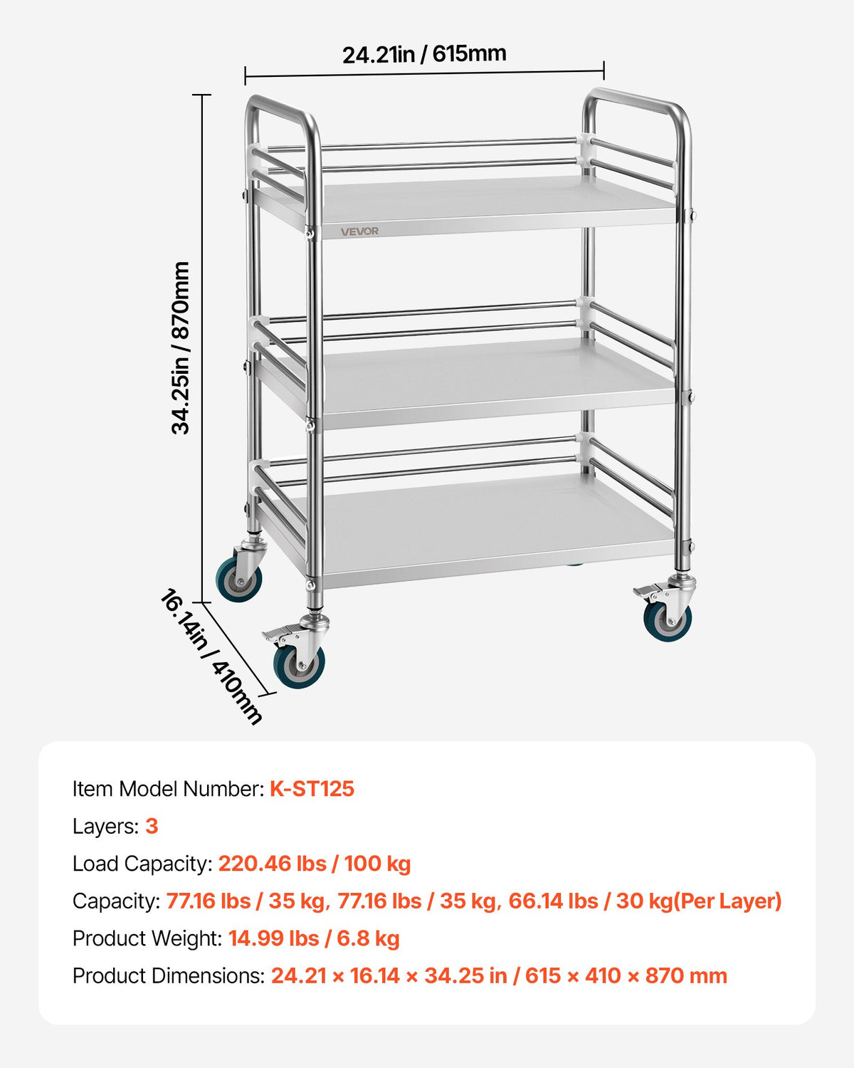 Stainless Steel Cart, 3-Tier Rolling Lab Utility Cart with Lockable Wheels, Medical Serving Trolley Clinic Tray, Heavy Duty Mobile Service Storage Tray for Hospital, Restaurant, Kitchen, Salon