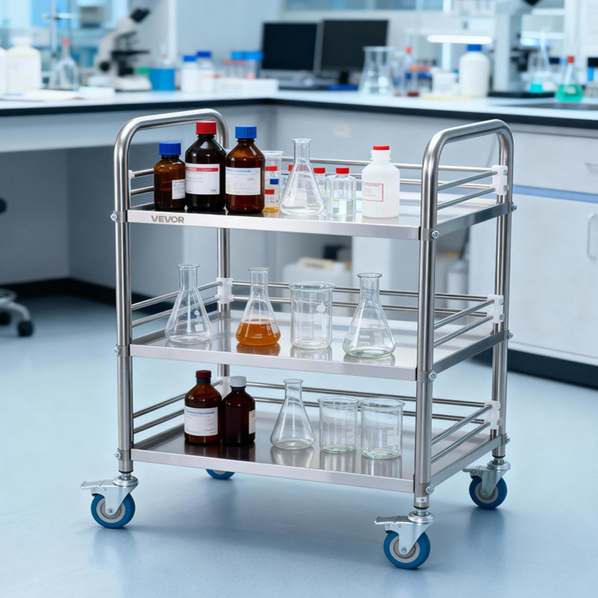 Stainless Steel Cart, 3-Tier Rolling Lab Utility Cart with Lockable Wheels, Medical Serving Trolley Clinic Tray, Heavy Duty Mobile Service Storage Tray for Hospital, Restaurant, Kitchen, Salon