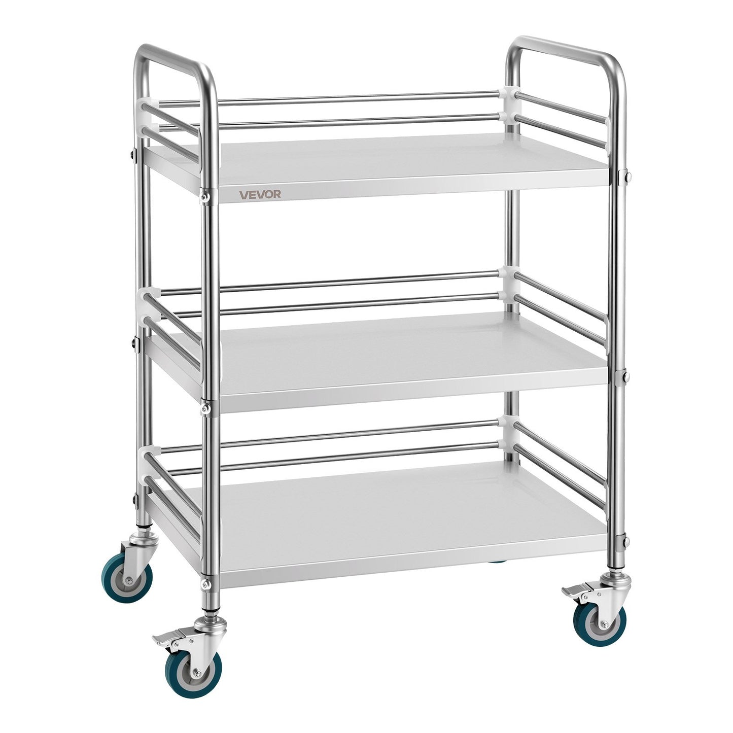 Stainless Steel Cart, 3-Tier Rolling Lab Utility Cart with Lockable Wheels, Medical Serving Trolley Clinic Tray, Heavy Duty Mobile Service Storage Tray for Hospital, Restaurant, Kitchen, Salon