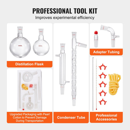 1.0 Meter Lab Glassware Distillation Kit, 1000ml Flask, 14-Piece Set