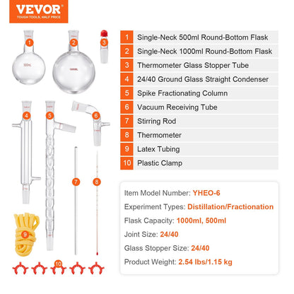 1.0 Meter Lab Glassware Distillation Kit, 1000ml Flask, 14-Piece Set