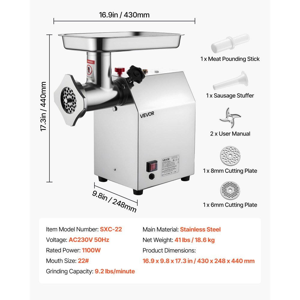 VEVOR Commercial Electric Meat Grinder 9.2 Lbs/Min Sausage Stuffer Maker Kitchen