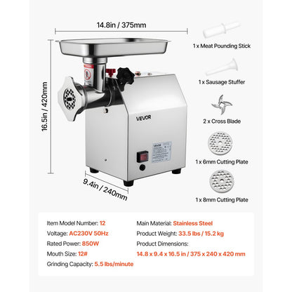 VEVOR Commercial Electric Meat Grinder 5.5 Lbs/Min Sausage Stuffer Maker Kitchen