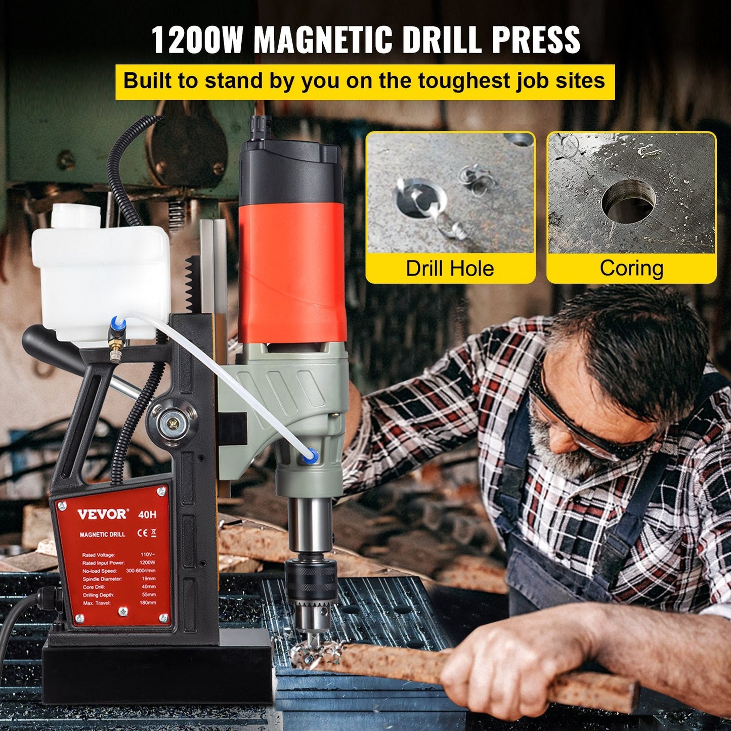 1200W Portable Magnetic Drill, 40mm Boring, 13000N Suction, 580 RPM Variable Speed