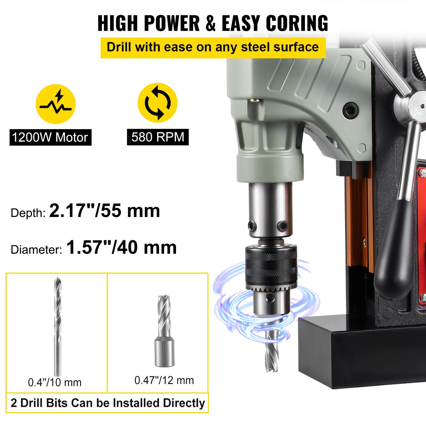 VEVOR Magnetic Drill, 1200W 1.57" Boring Diameter, 2922lbf/13000N Portable Electric