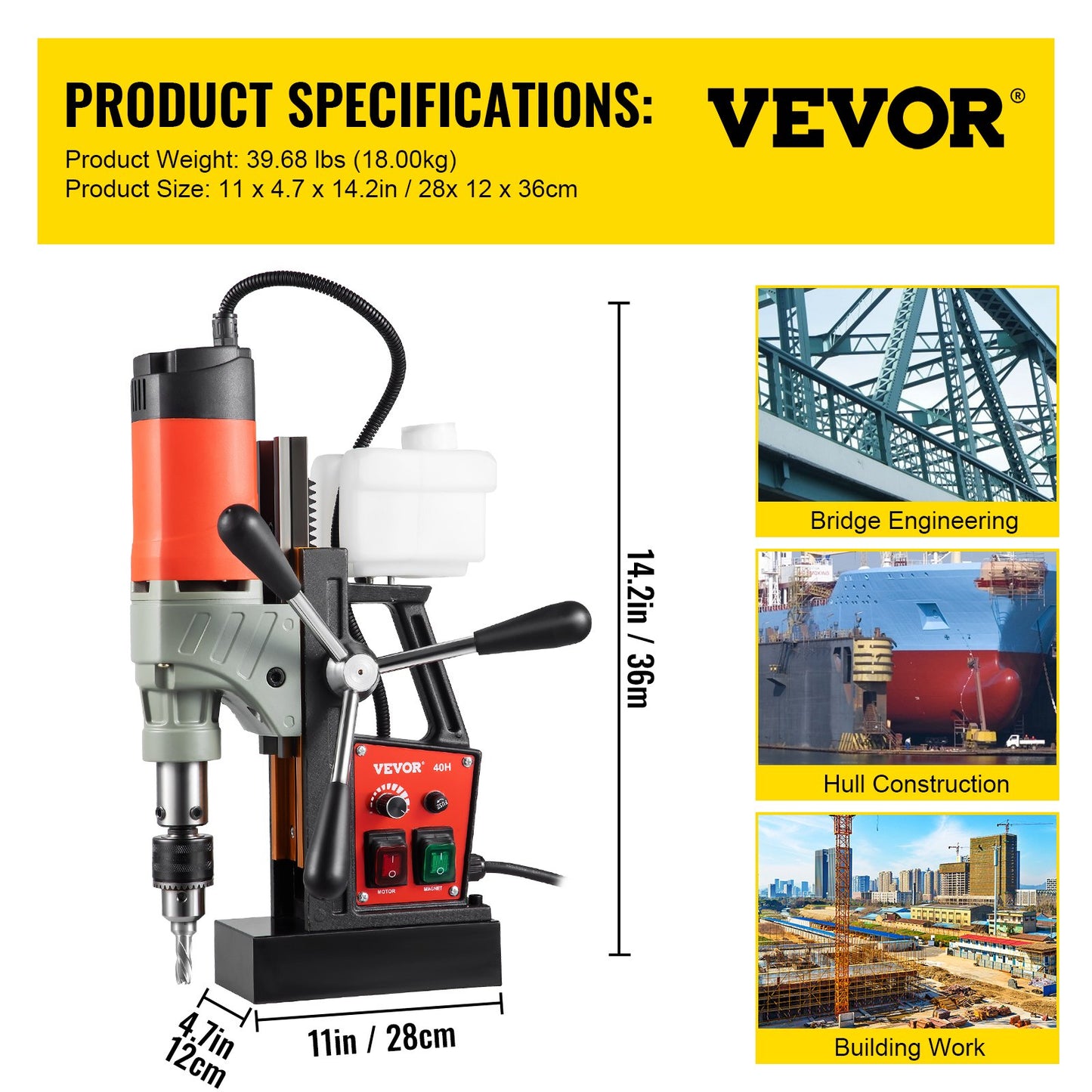 VEVOR Magnetic Drill, 1200W 1.57" Boring Diameter, 2922lbf/13000N Portable Electric