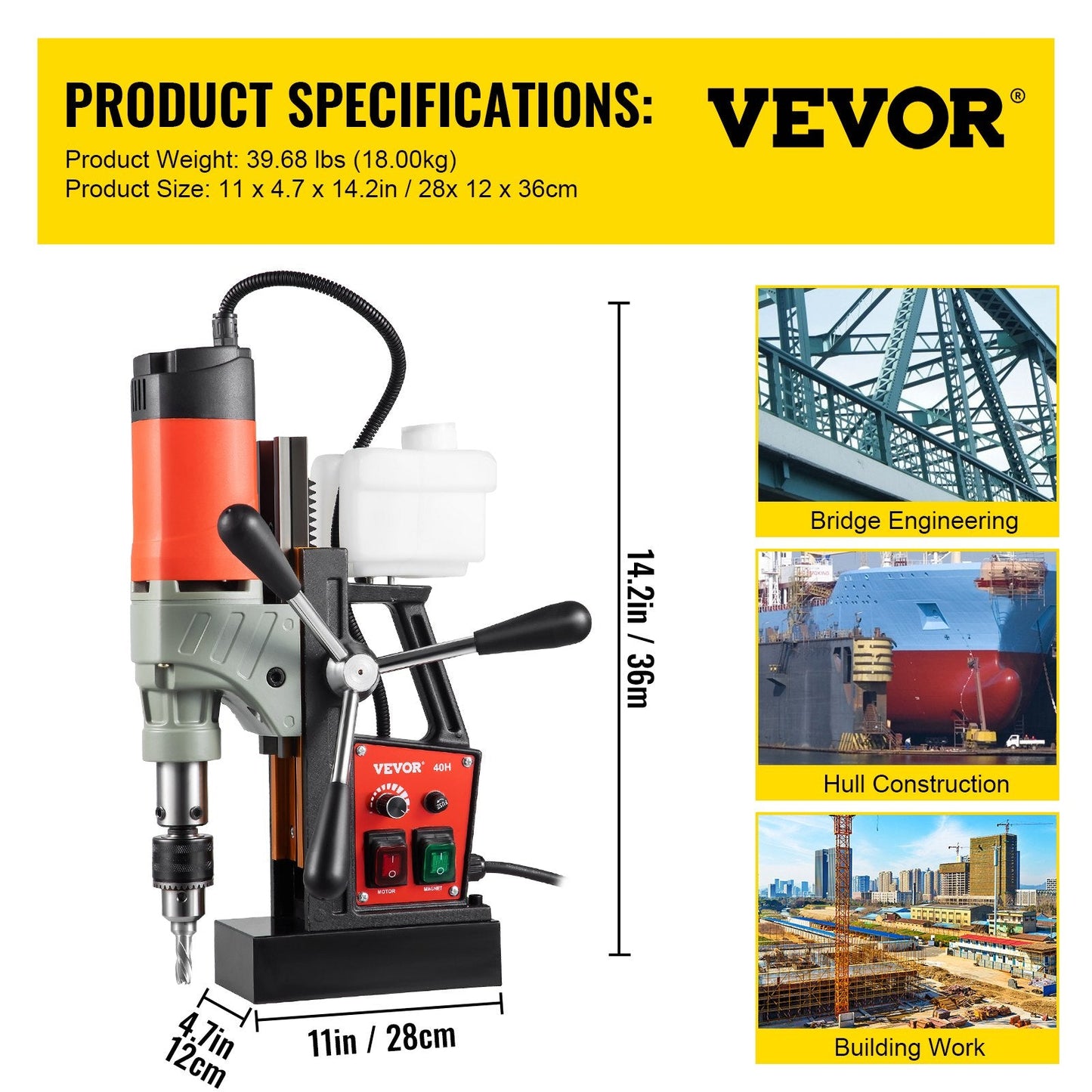 1200W Portable Magnetic Drill, 40mm Boring, 13000N Suction, 580 RPM Variable Speed