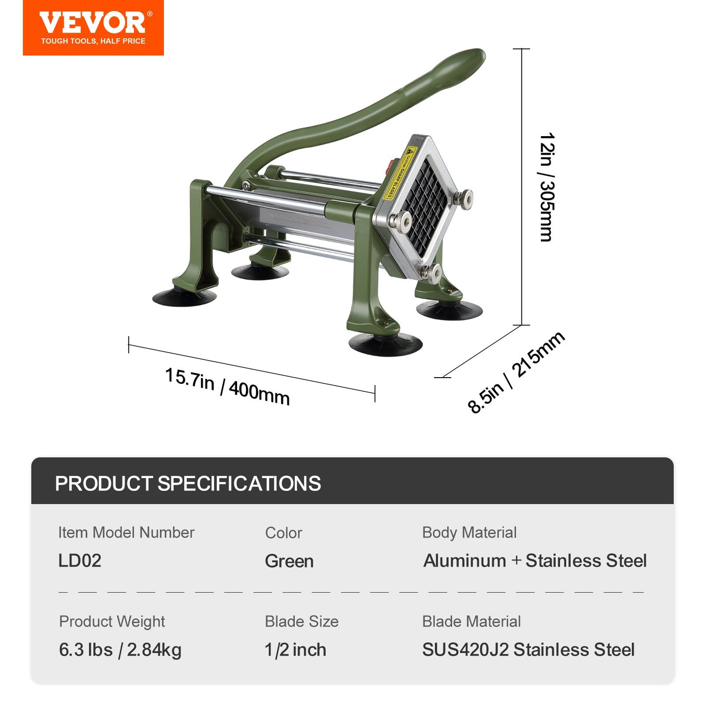 French Fry Cutter, Potato Slicer with 1/2-Inch Stainless Steel Blade, Manual Potato Cutter Chopper with Suction Cups, Great for Potato, French Fries, Cucumber, Vegetables, Carrot