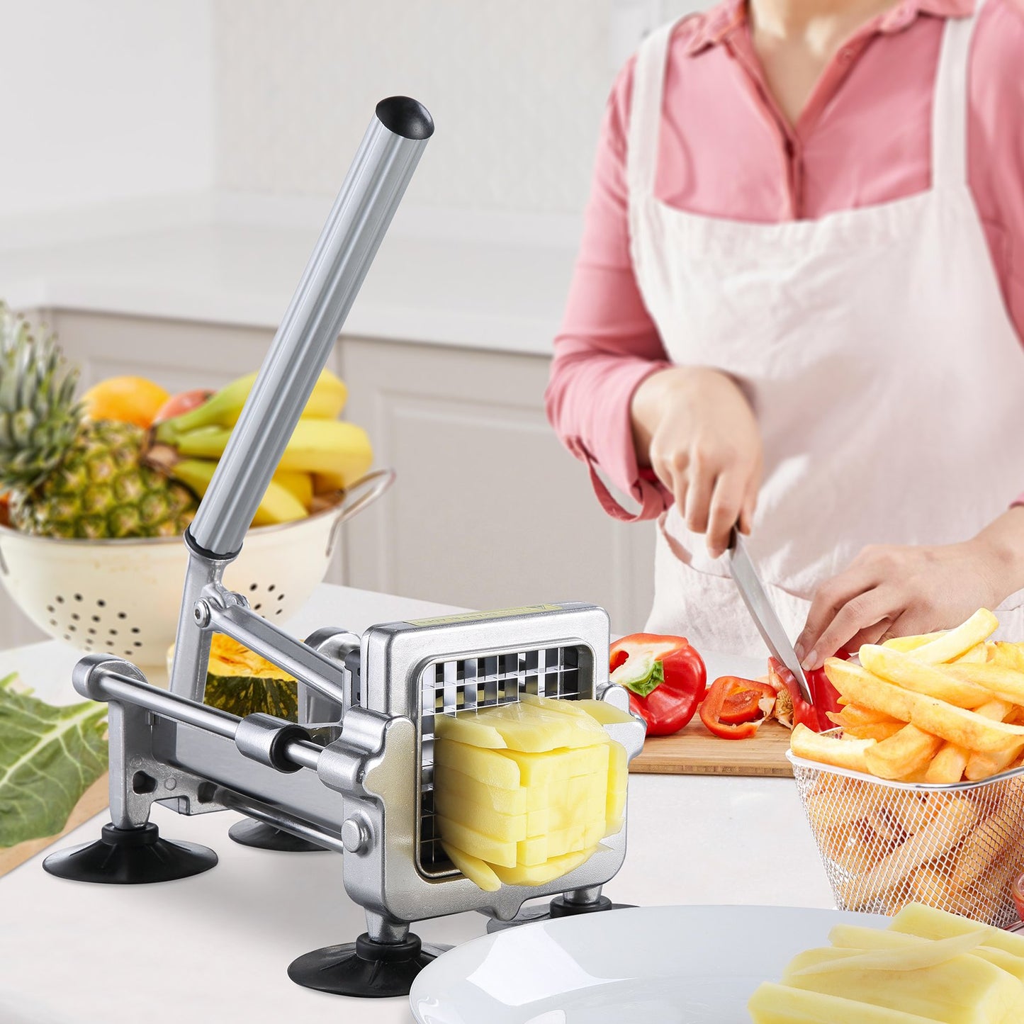 French Fry Cutter, Potato Slicer with 1/2-Inch and 3/8-Inch Stainless Steel Blades, Manual Potato Cutter Chopper with Suction Cups, Great for Potato, French Fries, Cucumber, Vegetables, Carrot