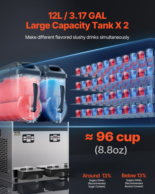 Dual 12-liter tanks produce approximately 96 cups of slushy drinks per batch