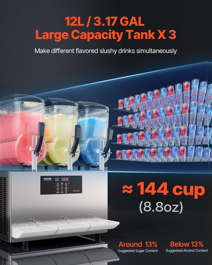 VEVOR 12Lx3 Tank Commercial Slushy Machine Margarita Smoothie Frozen Drink Maker