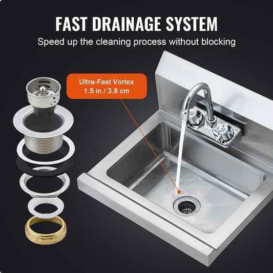 Commercial Wall Mount Hand Wash Sink, Stainless Steel, 0.43x0.33 m, 104 kg Capacity