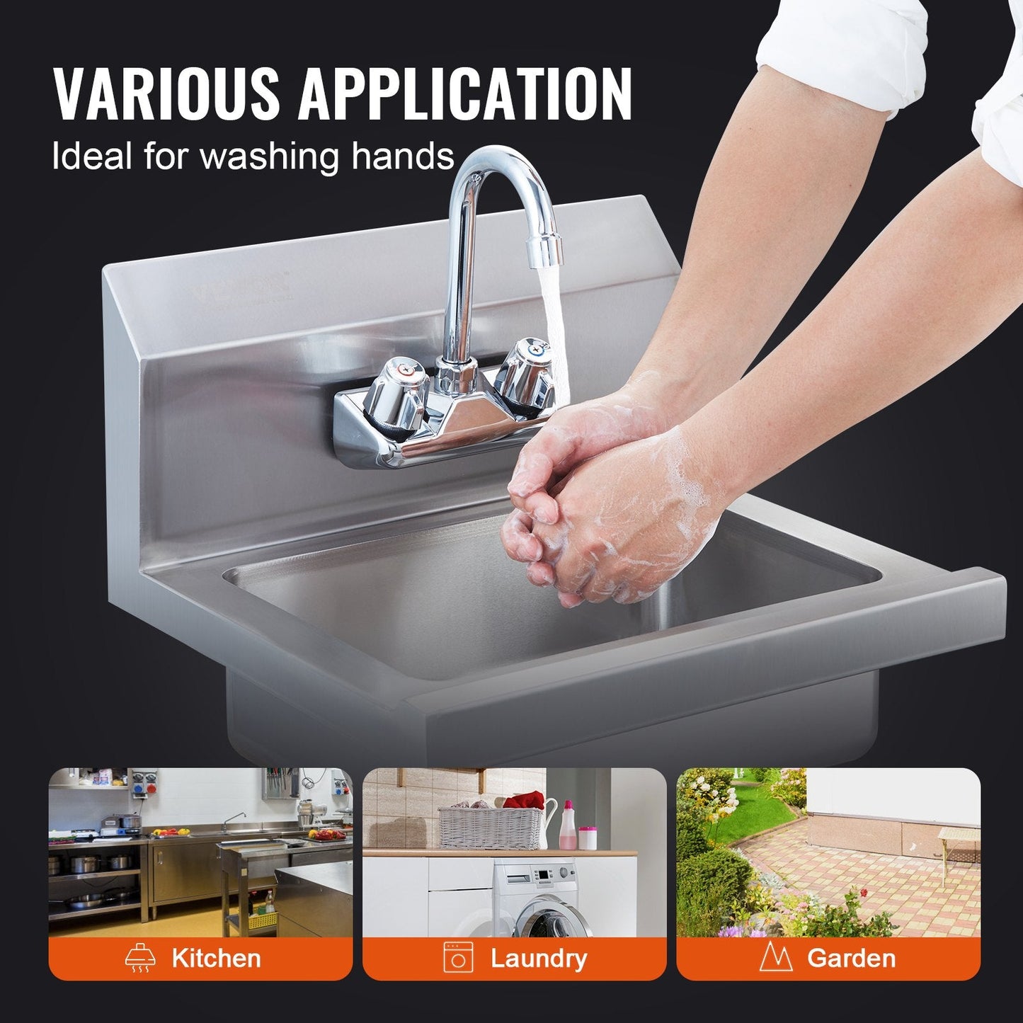 Commercial Wall Mount Hand Wash Sink, Stainless Steel, 0.43x0.33 m, 104 kg Capacity