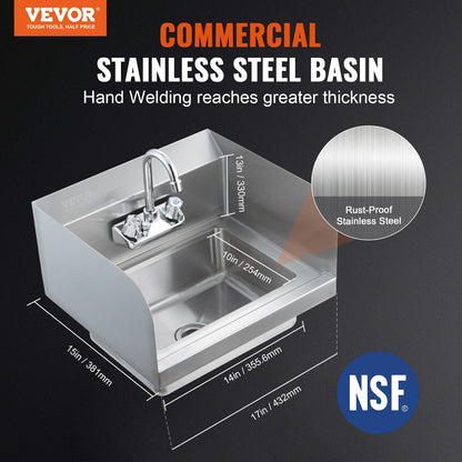 Stainless Steel Wall-Mount Hand Sink with Faucet & Side Splash, 43x33 cm