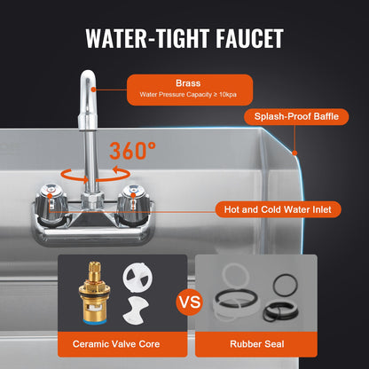 VEVOR Commercial Hand Sink with Faucet and Side Splash, NSF Stainless Steel Sink