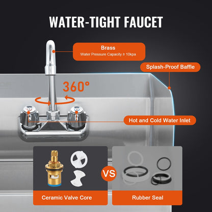 Stainless Steel Wall-Mount Hand Sink with Faucet & Side Splash, 43x33 cm