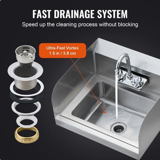 Stainless Steel Wall-Mount Hand Sink with Faucet & Side Splash, 43x33 cm