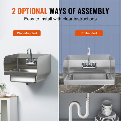 Stainless Steel Wall-Mount Hand Sink with Faucet & Side Splash, 43x33 cm