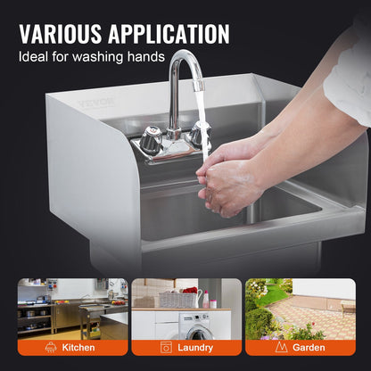 Stainless Steel Wall-Mount Hand Sink with Faucet & Side Splash, 43x33 cm