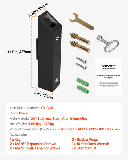 VEVOR Cigarette Butt Receptacle Stainless Steel Wall Mounted Butt Disposal Black