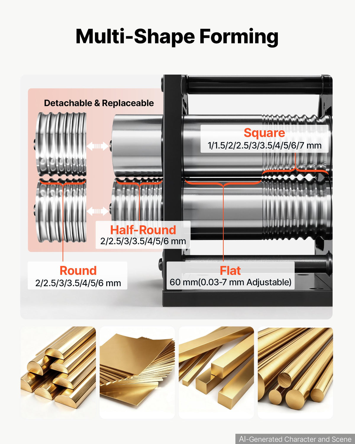 Rolling Mill 4-in-1 Round Flat Square Half-Round Pressing Roller Mill, Manual Jewelry DIY Tool, 0.03-7 mm Adjustable Thickness, Stable & Even Rolling, for Ductile Metals, Gold, Silver, Copper