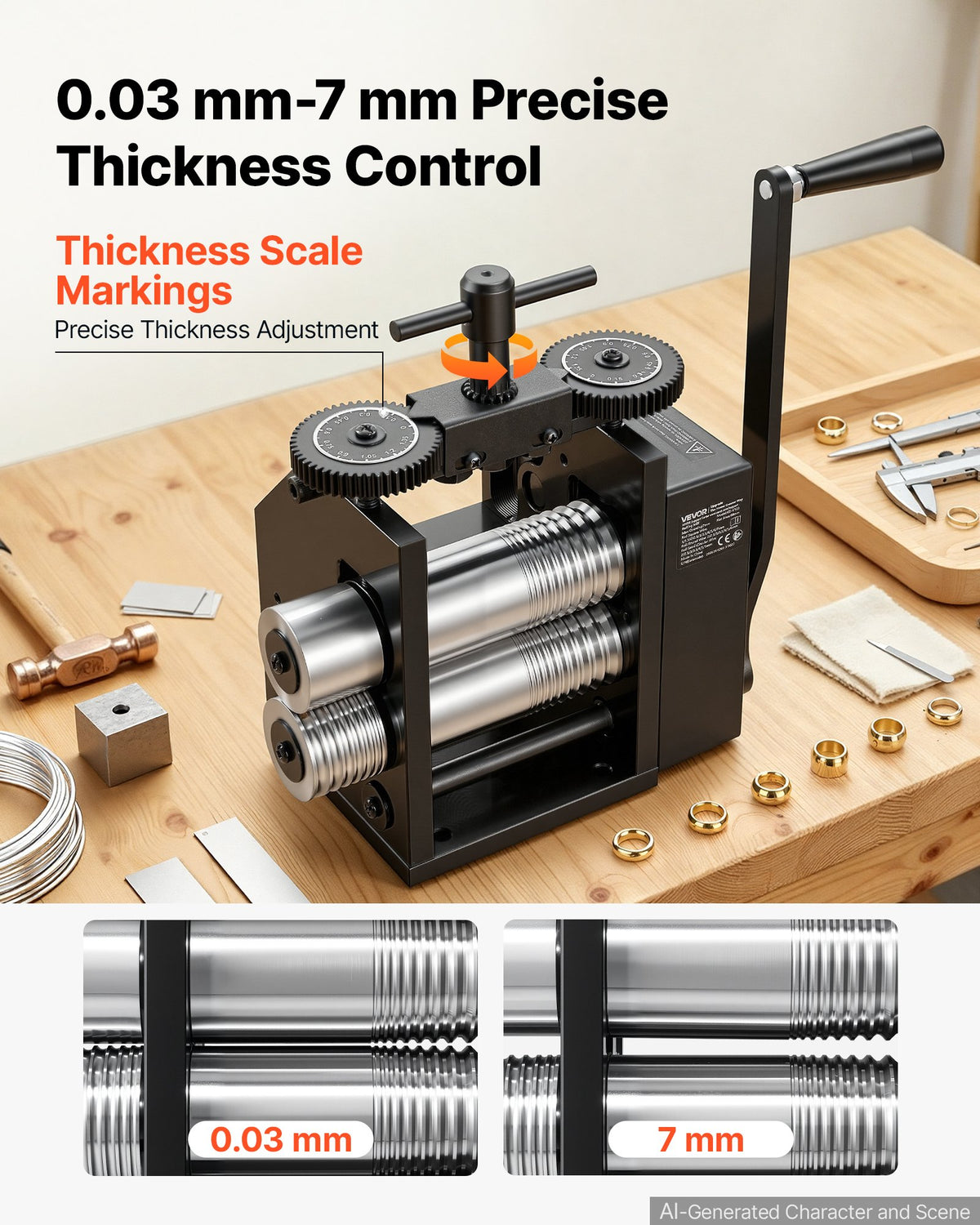 Rolling Mill 4-in-1 Round Flat Square Half-Round Pressing Roller Mill, Manual Jewelry DIY Tool, 0.03-7 mm Adjustable Thickness, Stable & Even Rolling, for Ductile Metals, Gold, Silver, Copper