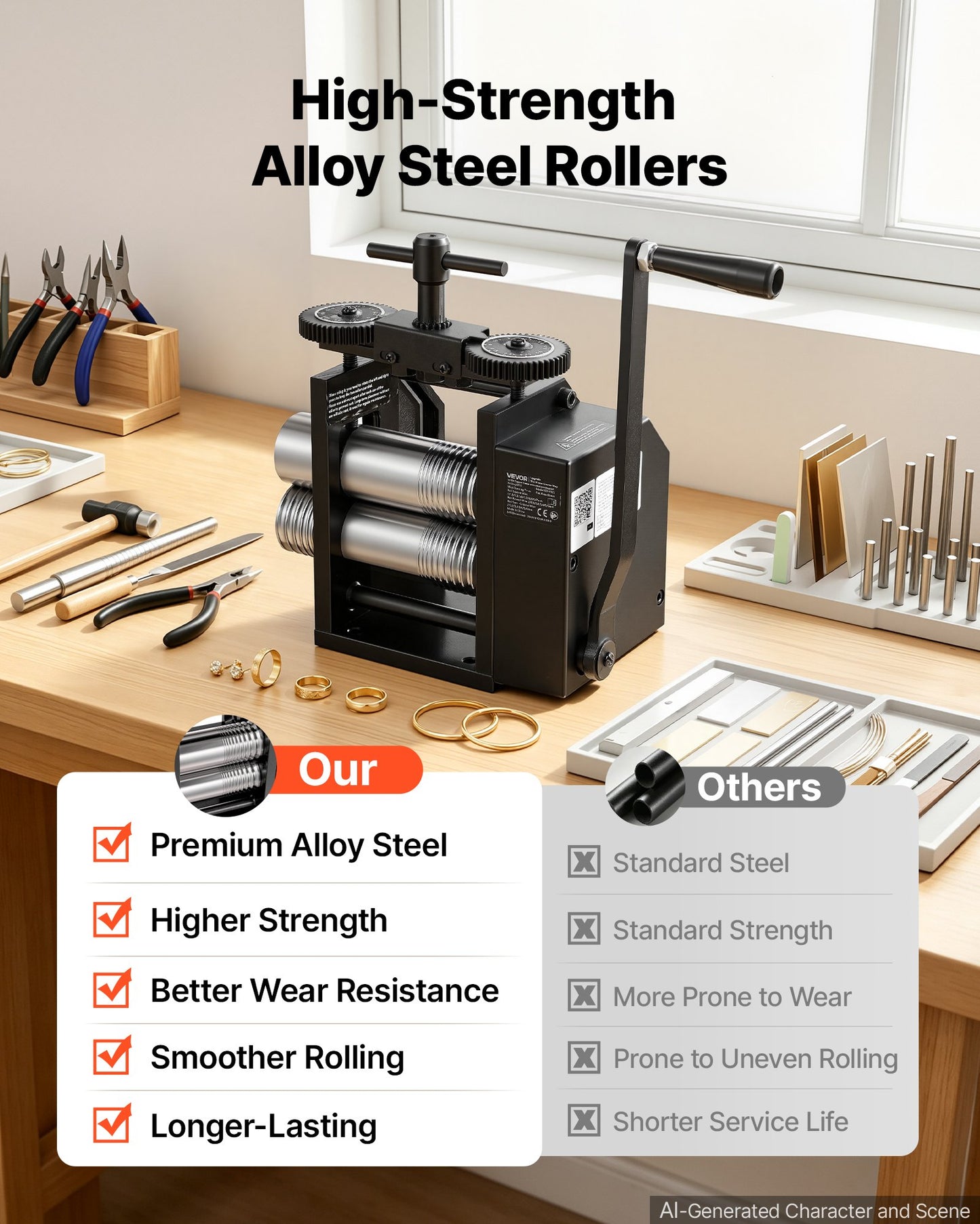 Rolling Mill 4-in-1 Round Flat Square Half-Round Pressing Roller Mill, Manual Jewelry DIY Tool, 0.03-7 mm Adjustable Thickness, Stable & Even Rolling, for Ductile Metals, Gold, Silver, Copper