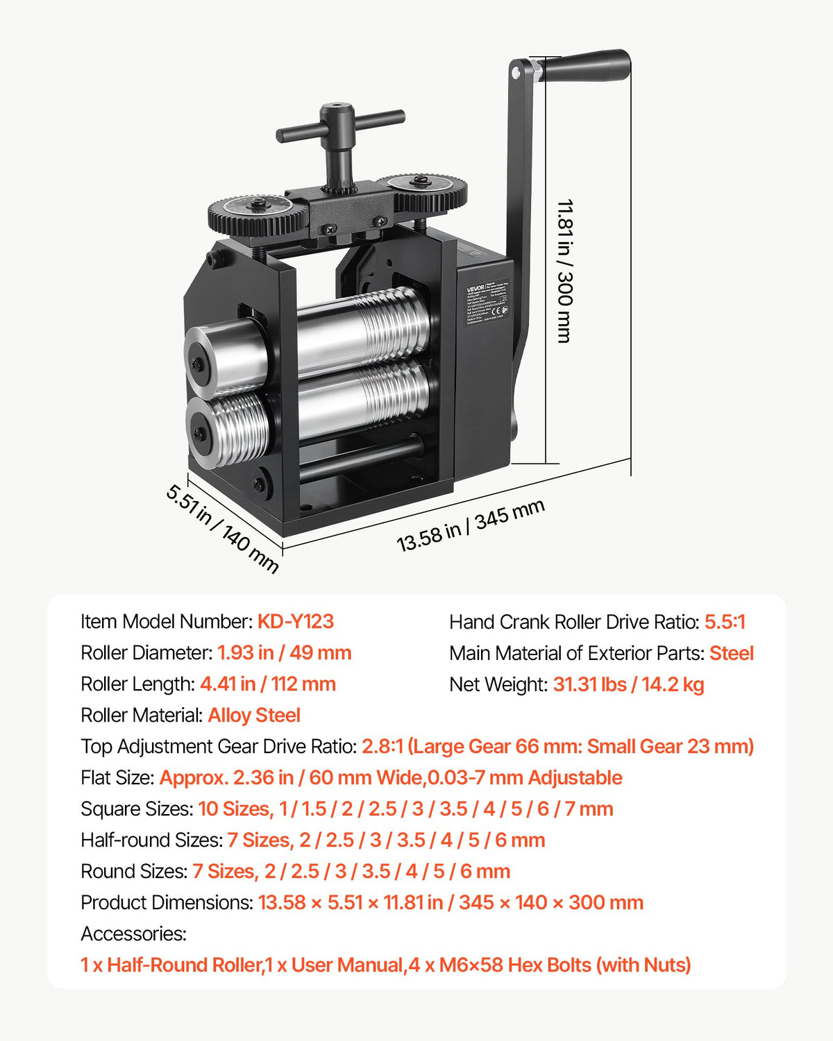 Rolling Mill 4-in-1 Round Flat Square Half-Round Pressing Roller Mill, Manual Jewelry DIY Tool, 0.03-7 mm Adjustable Thickness, Stable & Even Rolling, for Ductile Metals, Gold, Silver, Copper
