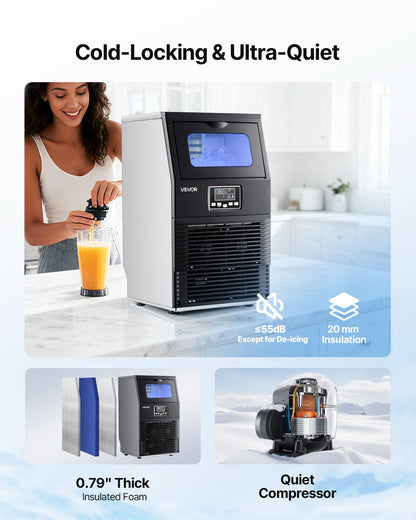 Commercial Ice Maker Machine, 36.29 kg/24h with 5.44kg Storage, 32 Cubes per Cycle, Stainless Steel Freestanding & Countertop Ice Maker with LED Display & Self-Cleaning, for Home Bar Restaurant